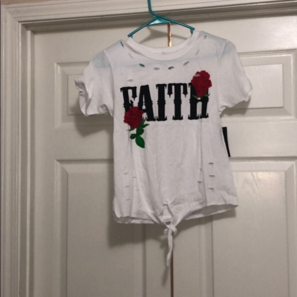 faith tied up t-shirt with holes